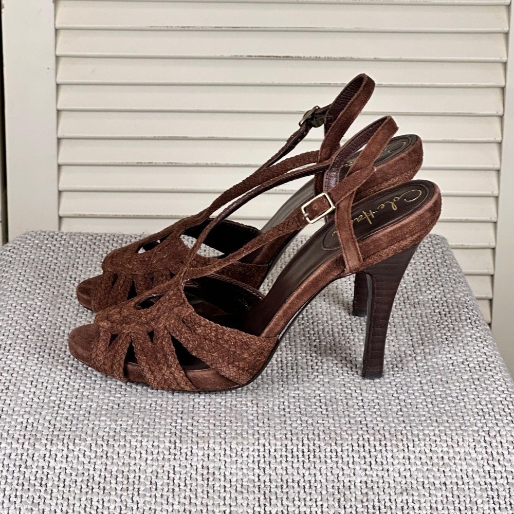 Luxe Cole Haan Brown Suede Boho Strappy Heels Braided Sandals Y2K Size 6 B - Picture 6 of 8